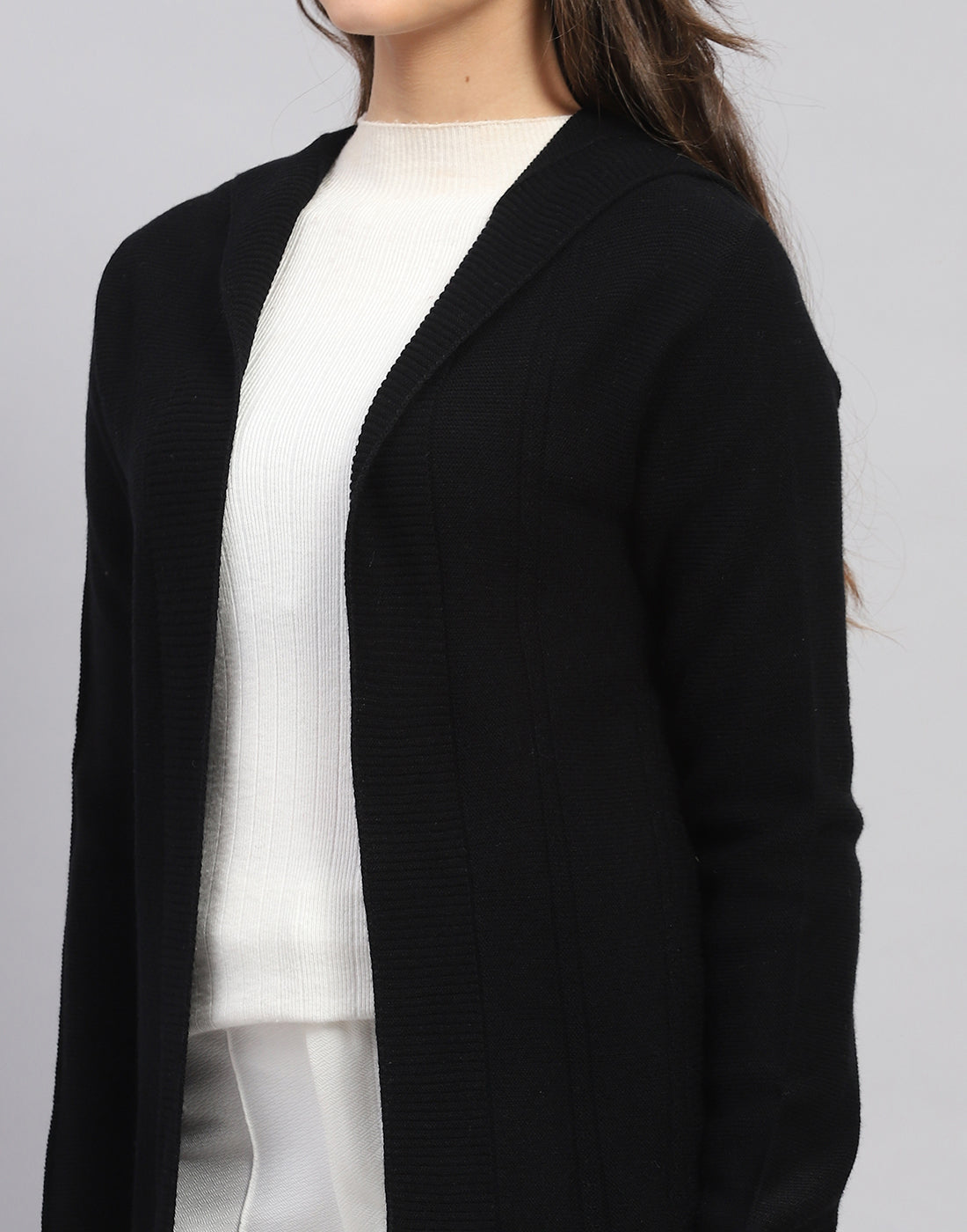 Women Black Self Design Front Open Full Sleeve Cardigan
