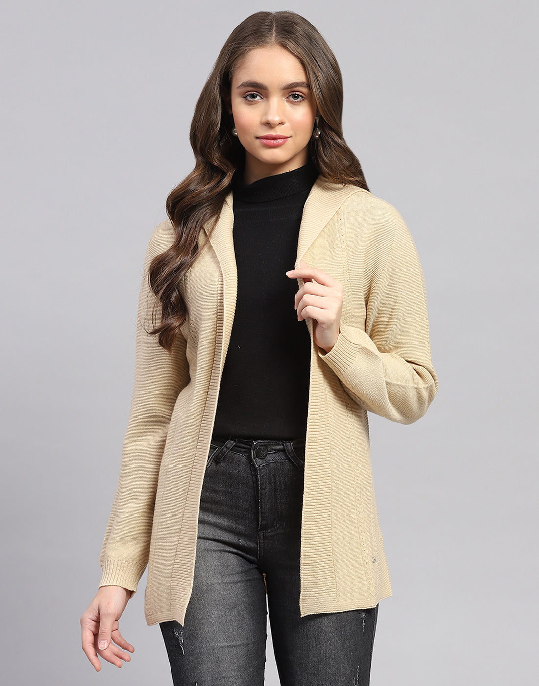 Women Beige Self Design Front Open Full Sleeve Cardigan