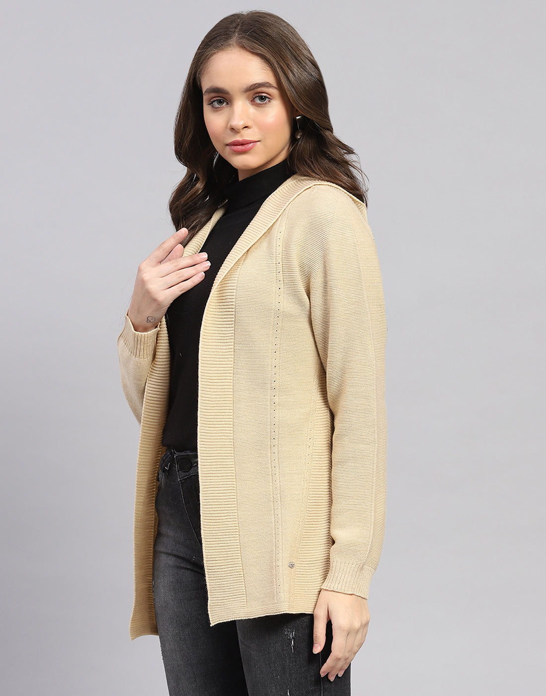 Women Beige Self Design Front Open Full Sleeve Cardigan
