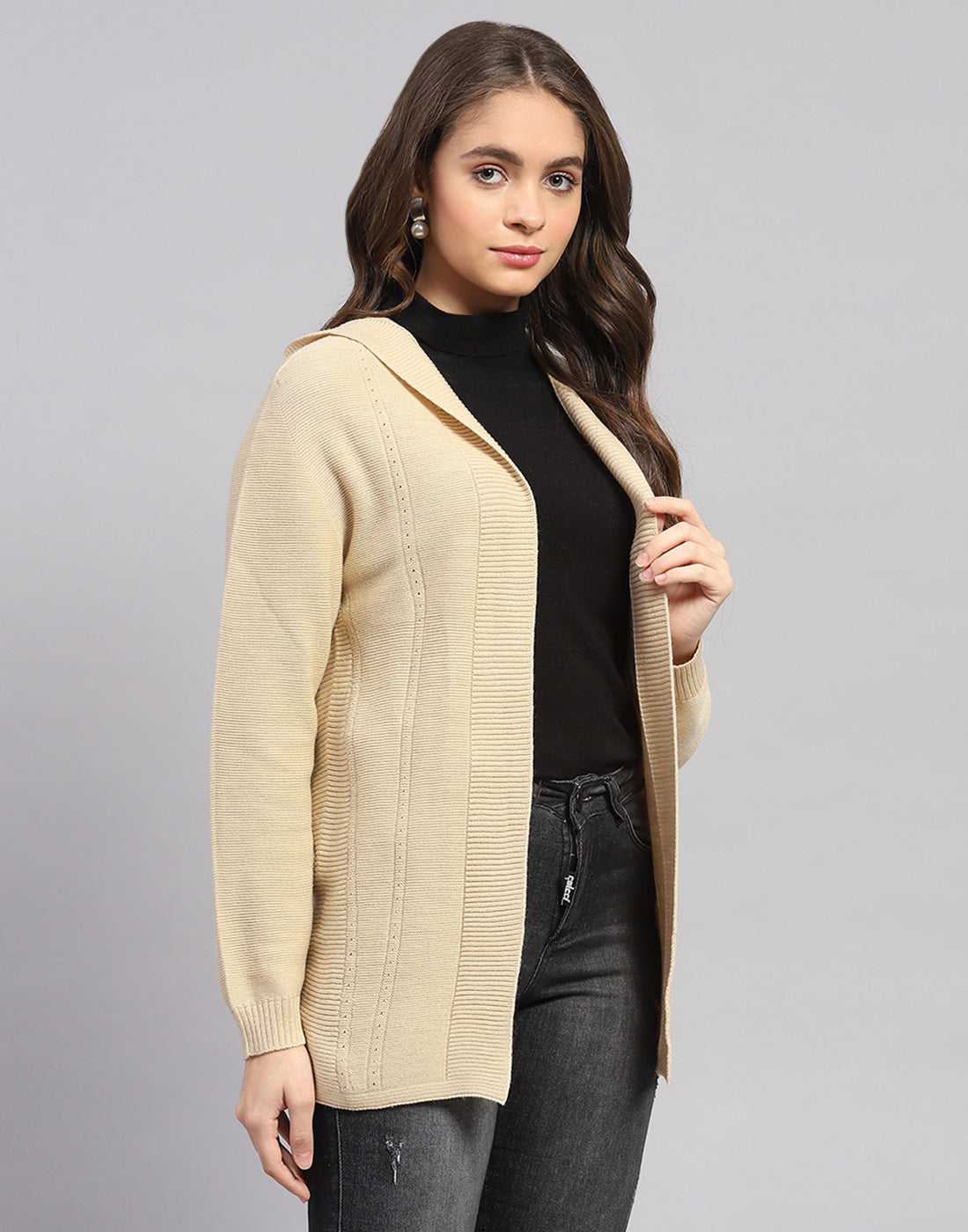 Women Beige Self Design Front Open Full Sleeve Cardigan