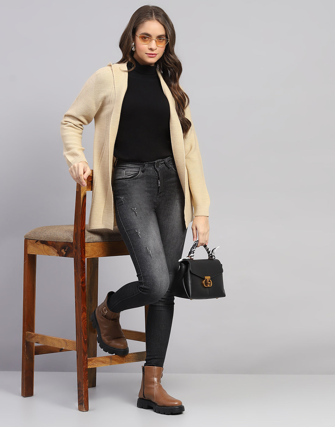 Women Beige Self Design Front Open Full Sleeve Cardigan