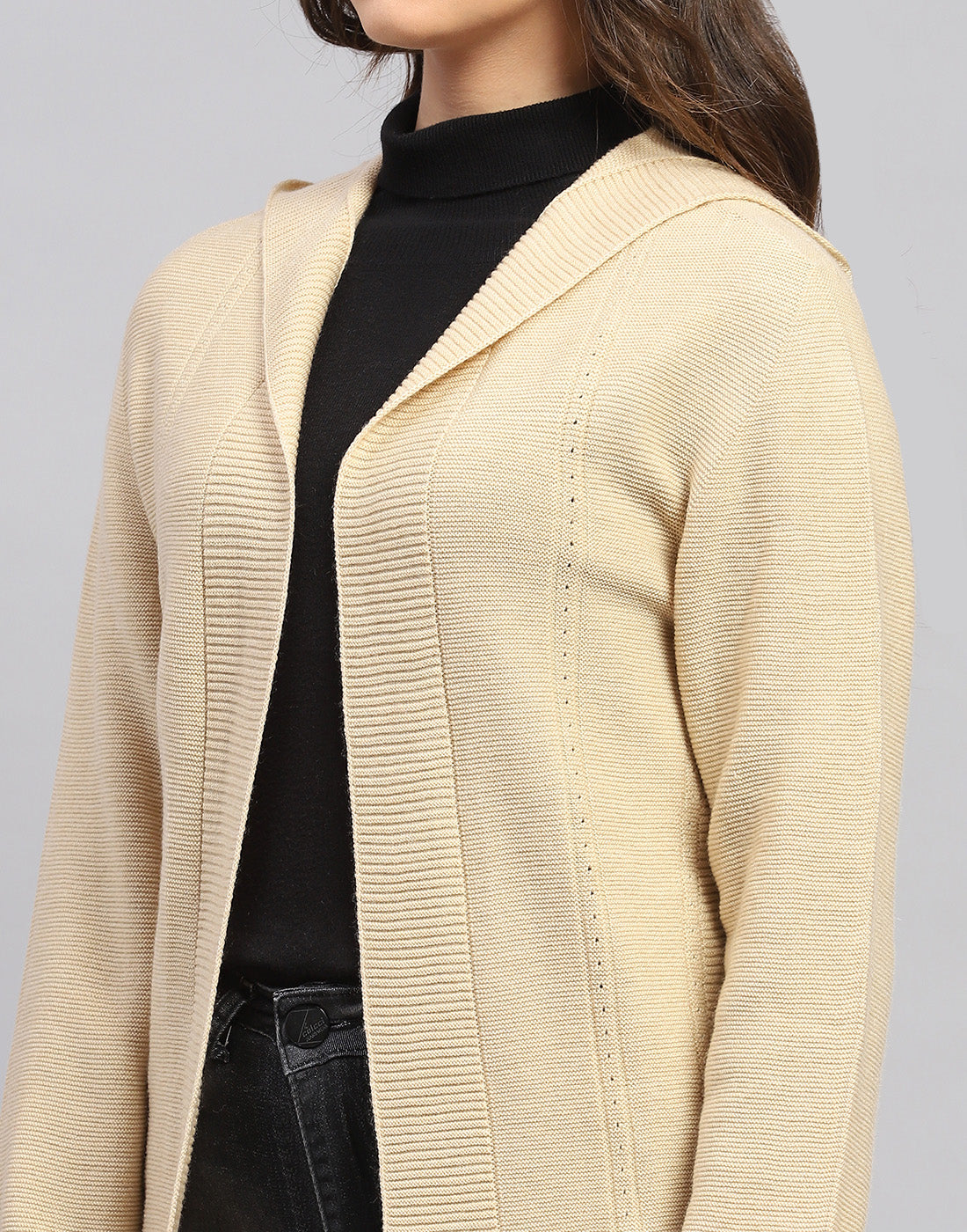 Women Beige Self Design Front Open Full Sleeve Cardigan
