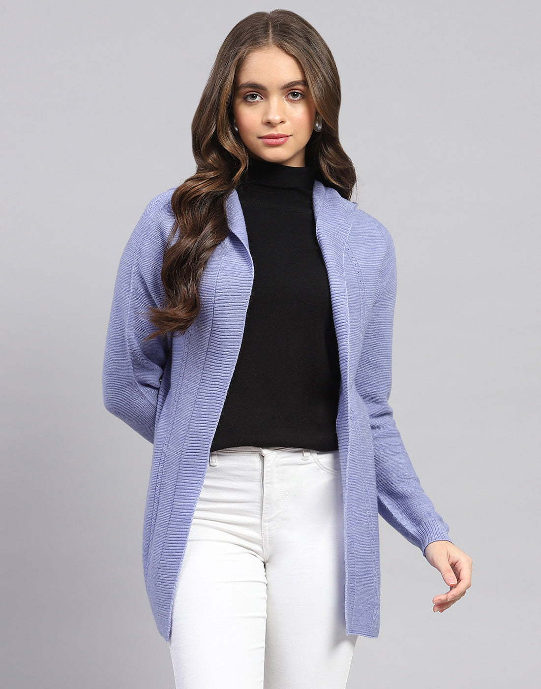 Women Blue Self Design Front Open Full Sleeve Cardigan