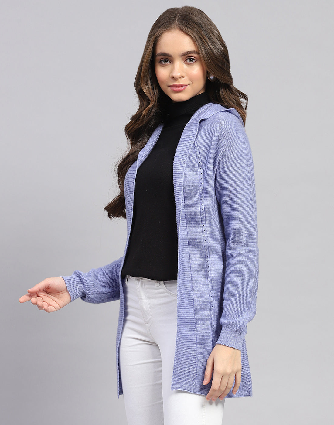Women Blue Self Design Front Open Full Sleeve Cardigan