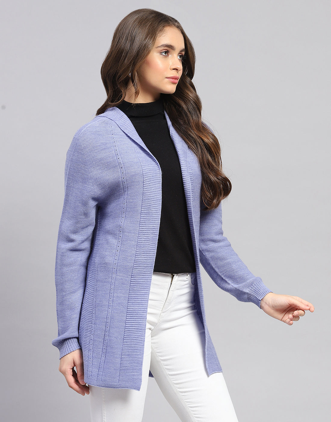 Women Blue Self Design Front Open Full Sleeve Cardigan