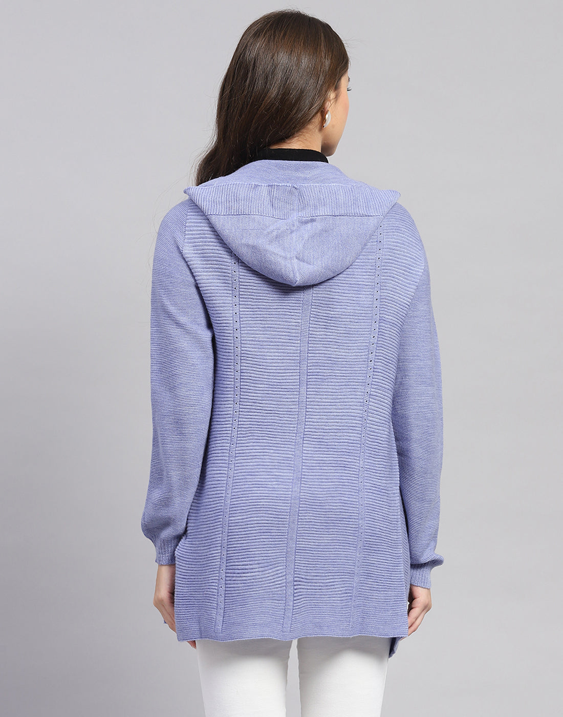 Women Blue Self Design Front Open Full Sleeve Cardigan