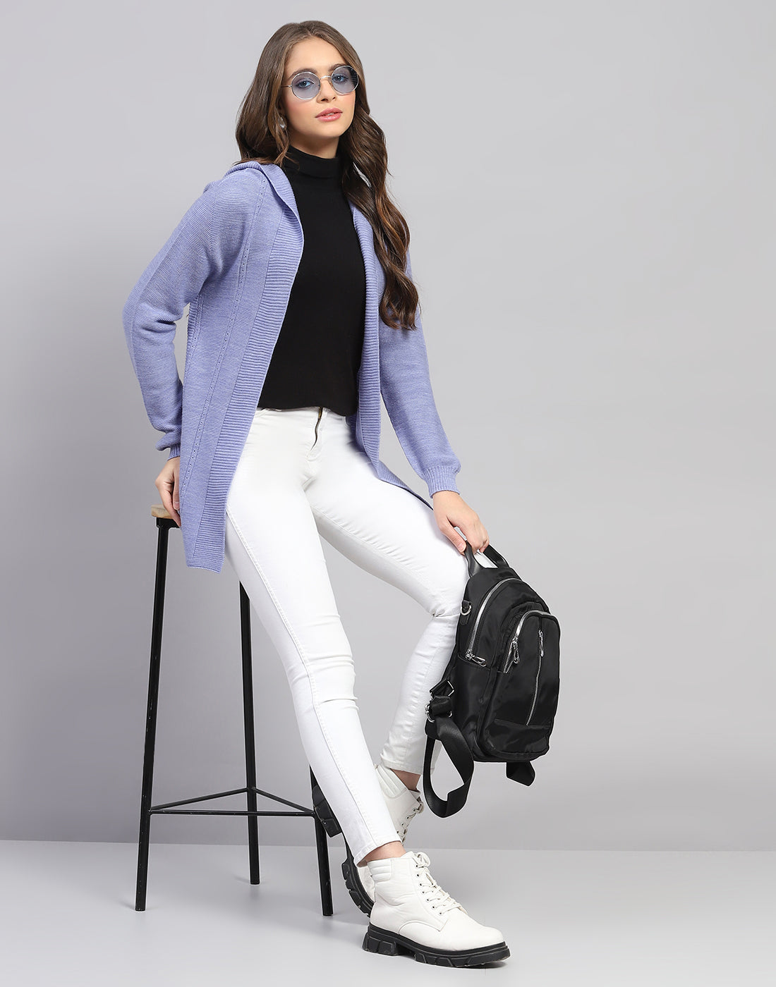 Women Blue Self Design Front Open Full Sleeve Cardigan