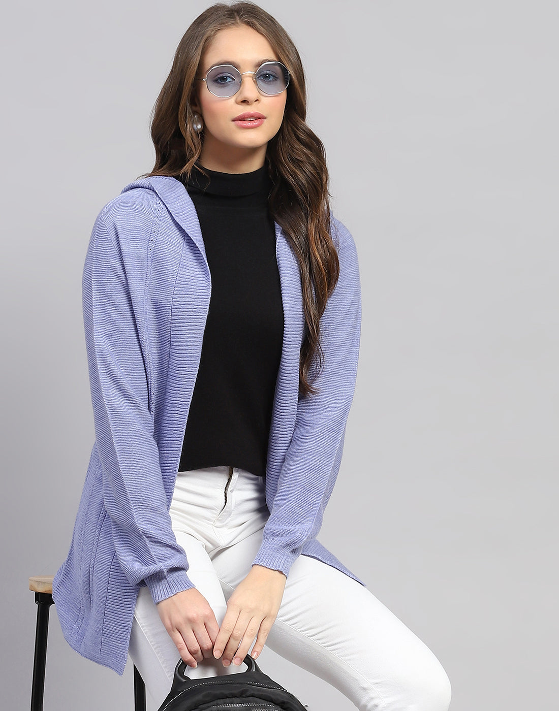 Women Blue Self Design Front Open Full Sleeve Cardigan