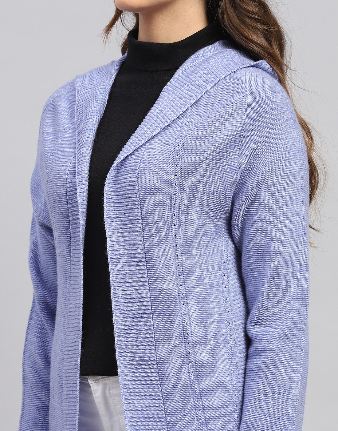 Women Blue Self Design Front Open Full Sleeve Cardigan