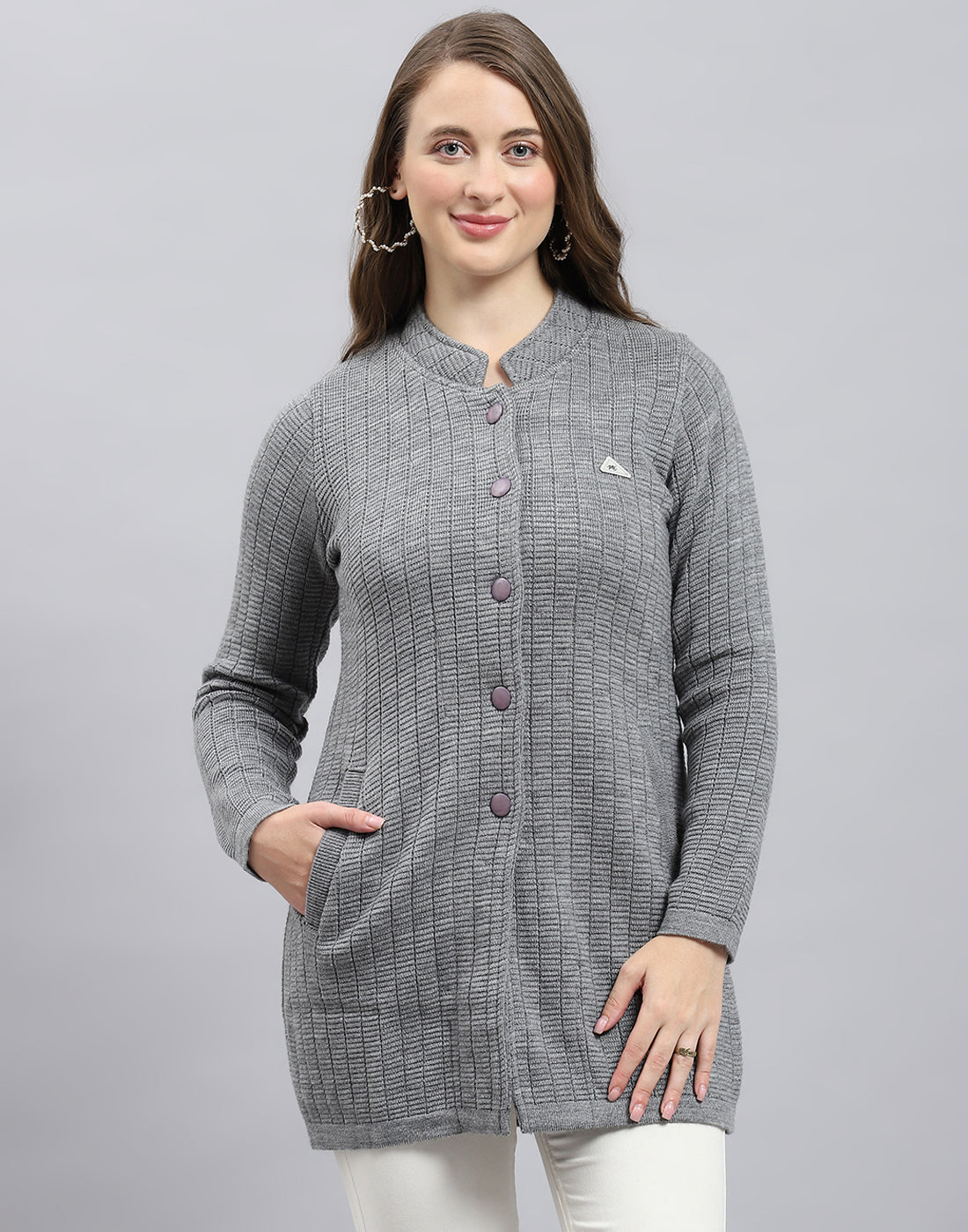 Women Grey Self Design Round Neck Full Sleeve Knitted coat