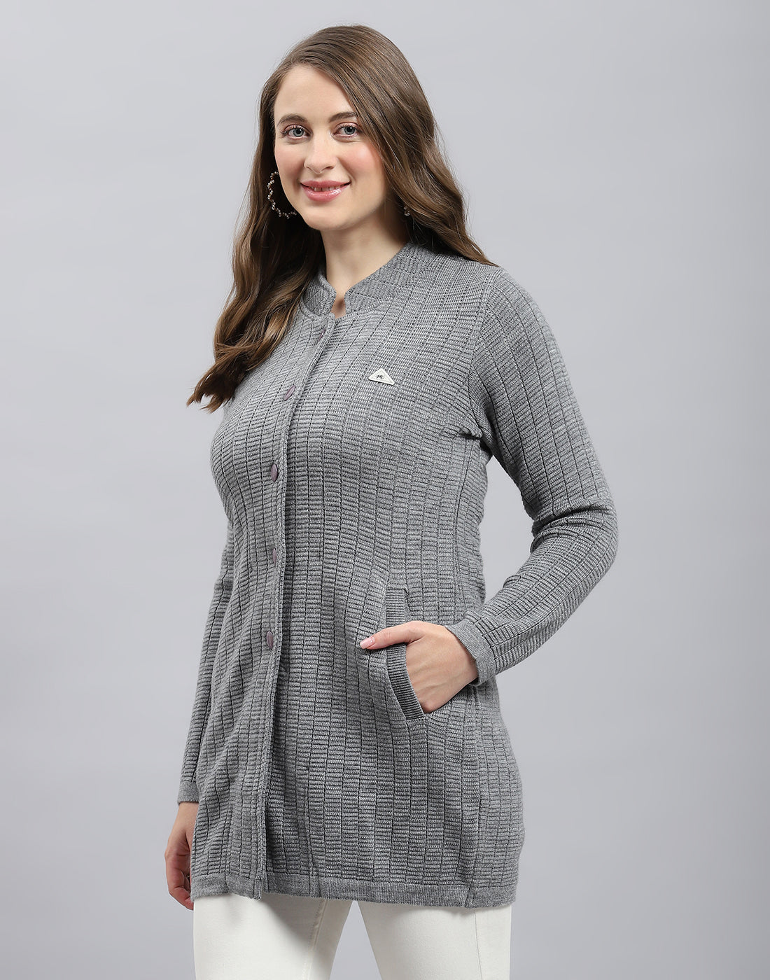 Women Grey Self Design Round Neck Full Sleeve Knitted coat
