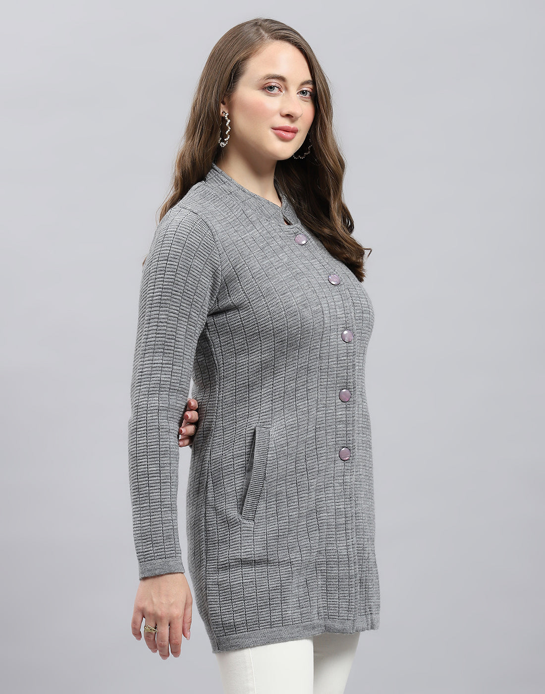 Women Grey Self Design Round Neck Full Sleeve Knitted coat