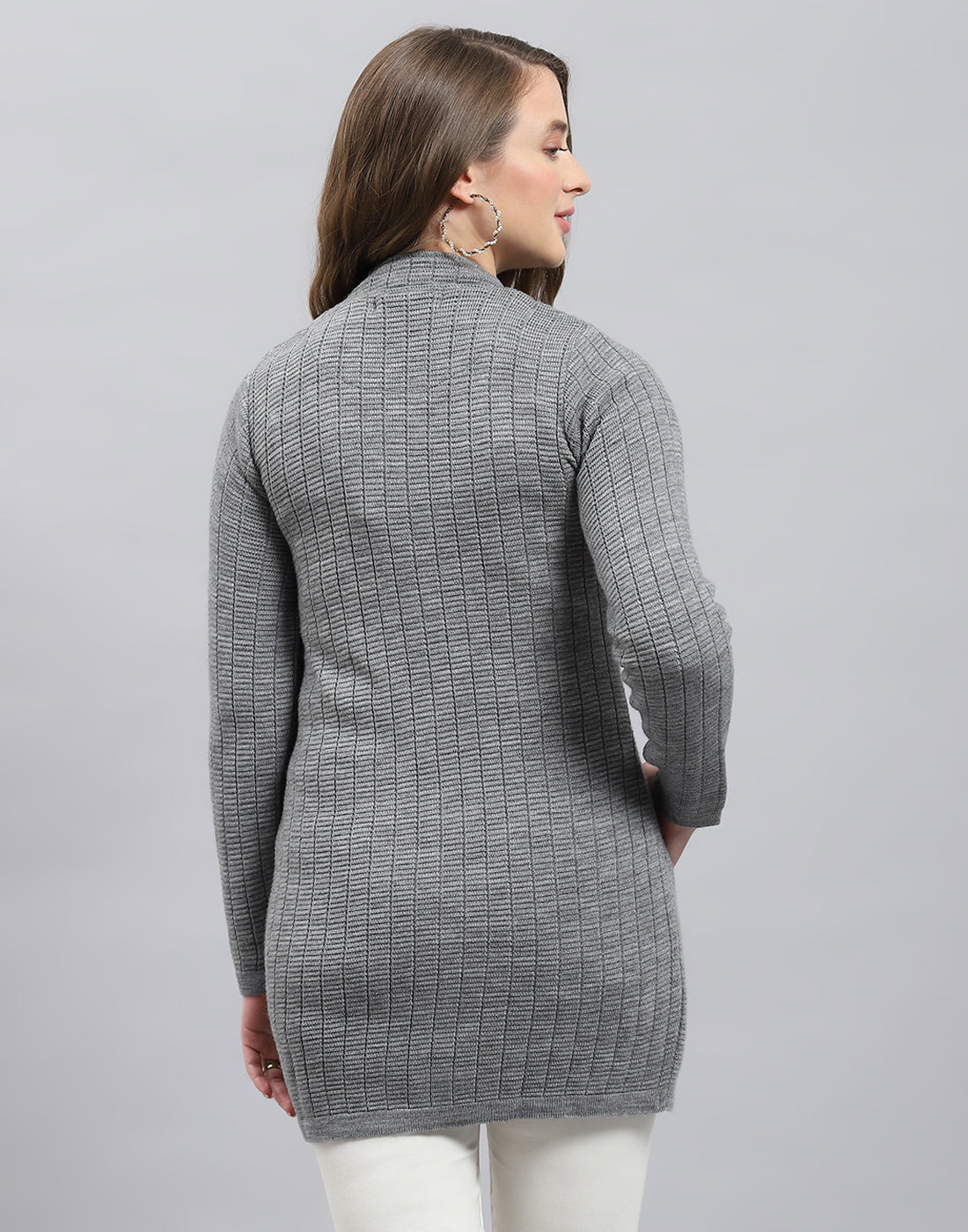 Women Grey Self Design Round Neck Full Sleeve Knitted coat