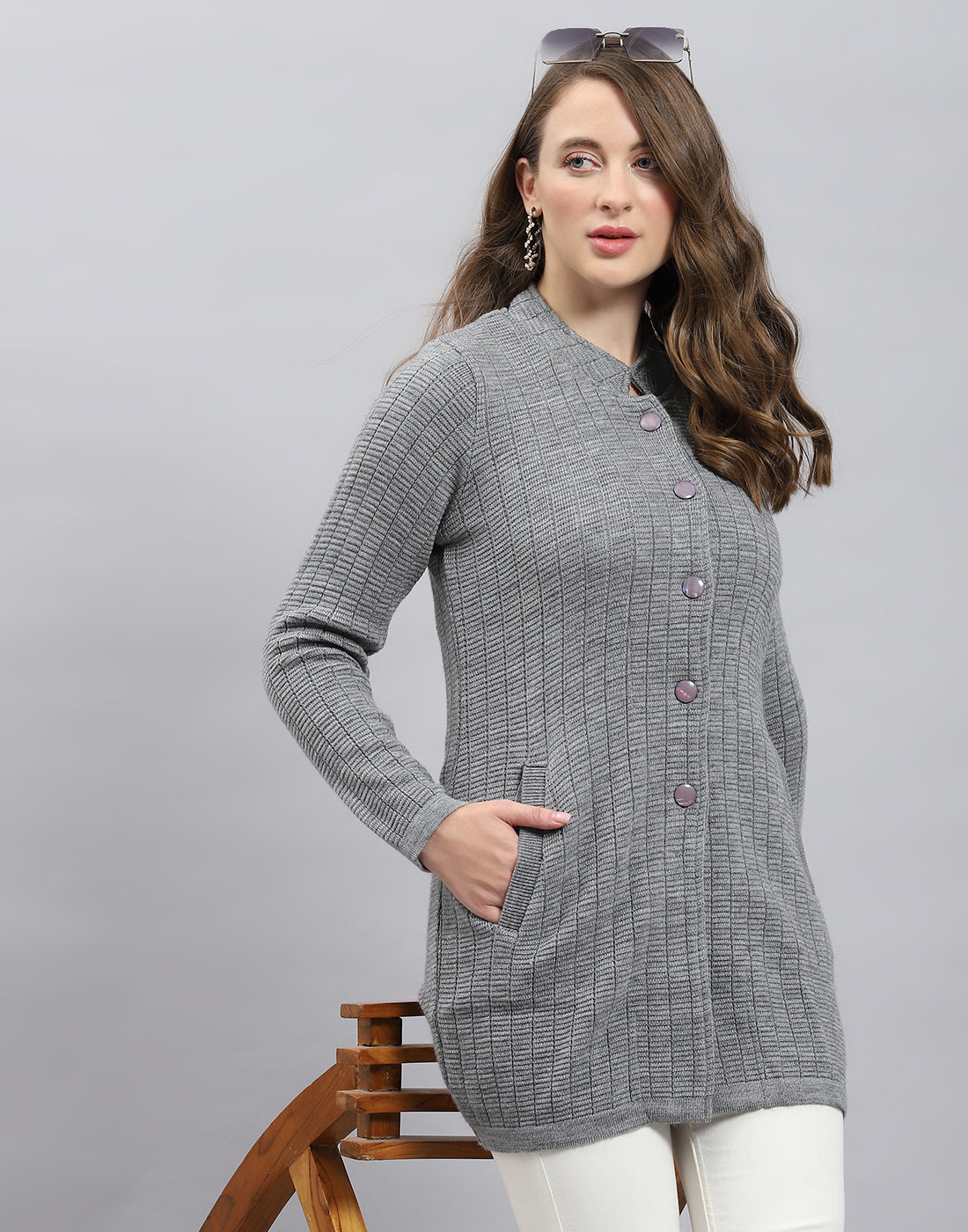 Women Grey Self Design Round Neck Full Sleeve Knitted coat