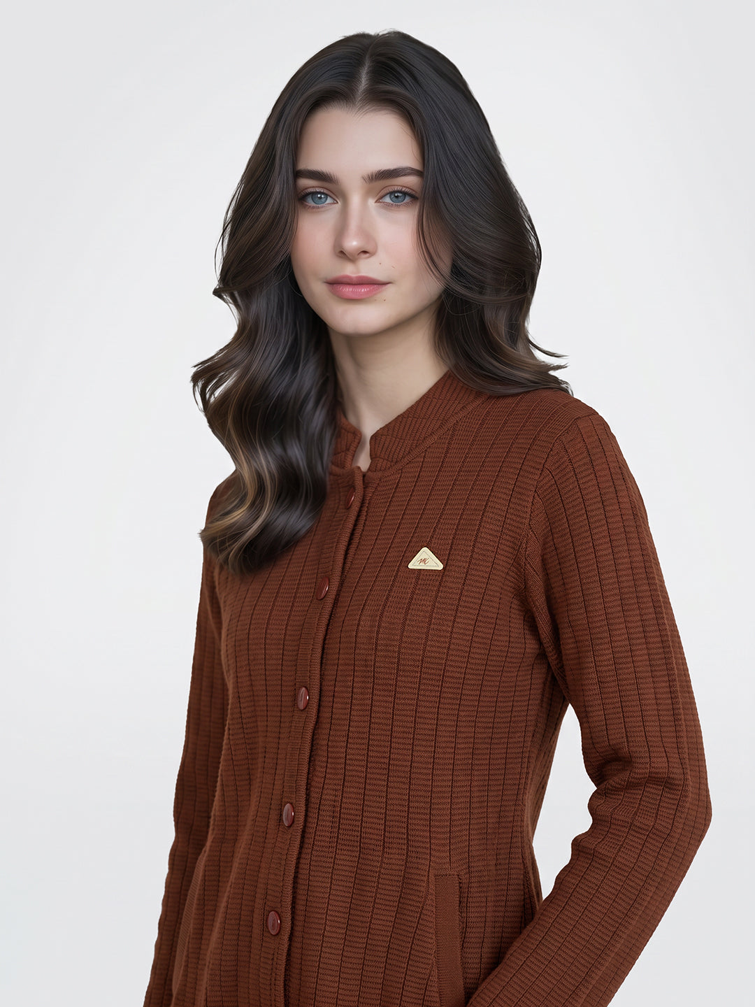 Women Brown Self Design Mandarin Collar Full Sleeve Coat