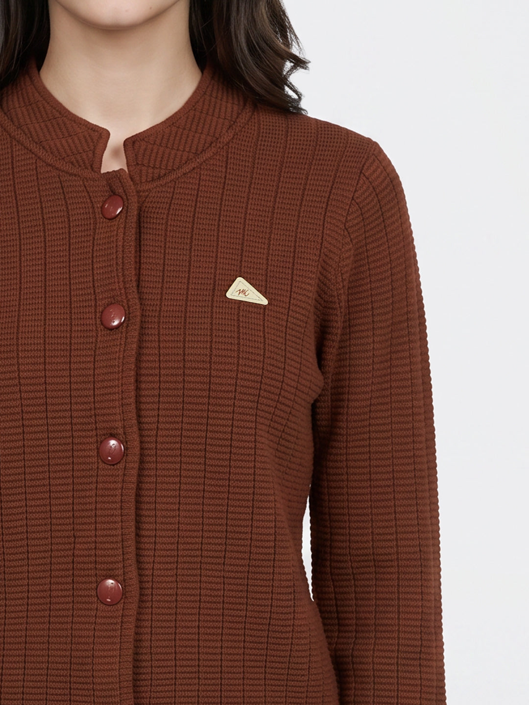 Women Brown Self Design Mandarin Collar Full Sleeve Coat