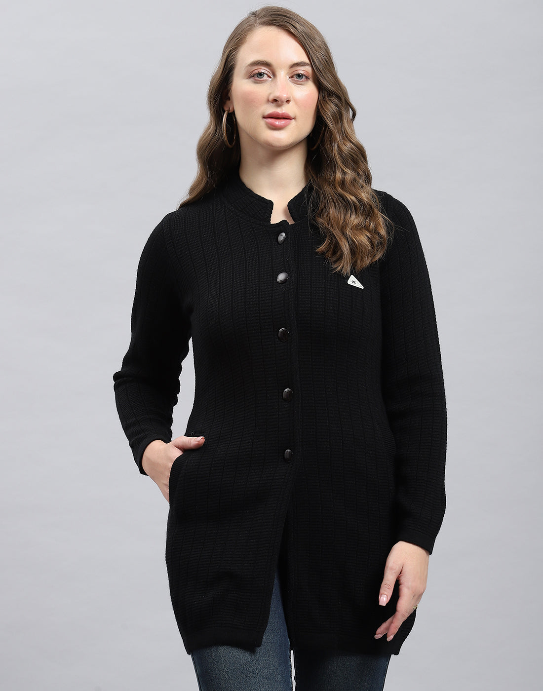 Women Black Self Design Round Neck Full Sleeve Knitted coat