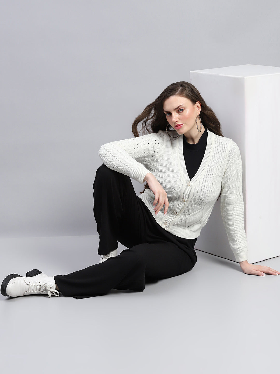 Women White Self Design V Neck Full Sleeve Cardigan