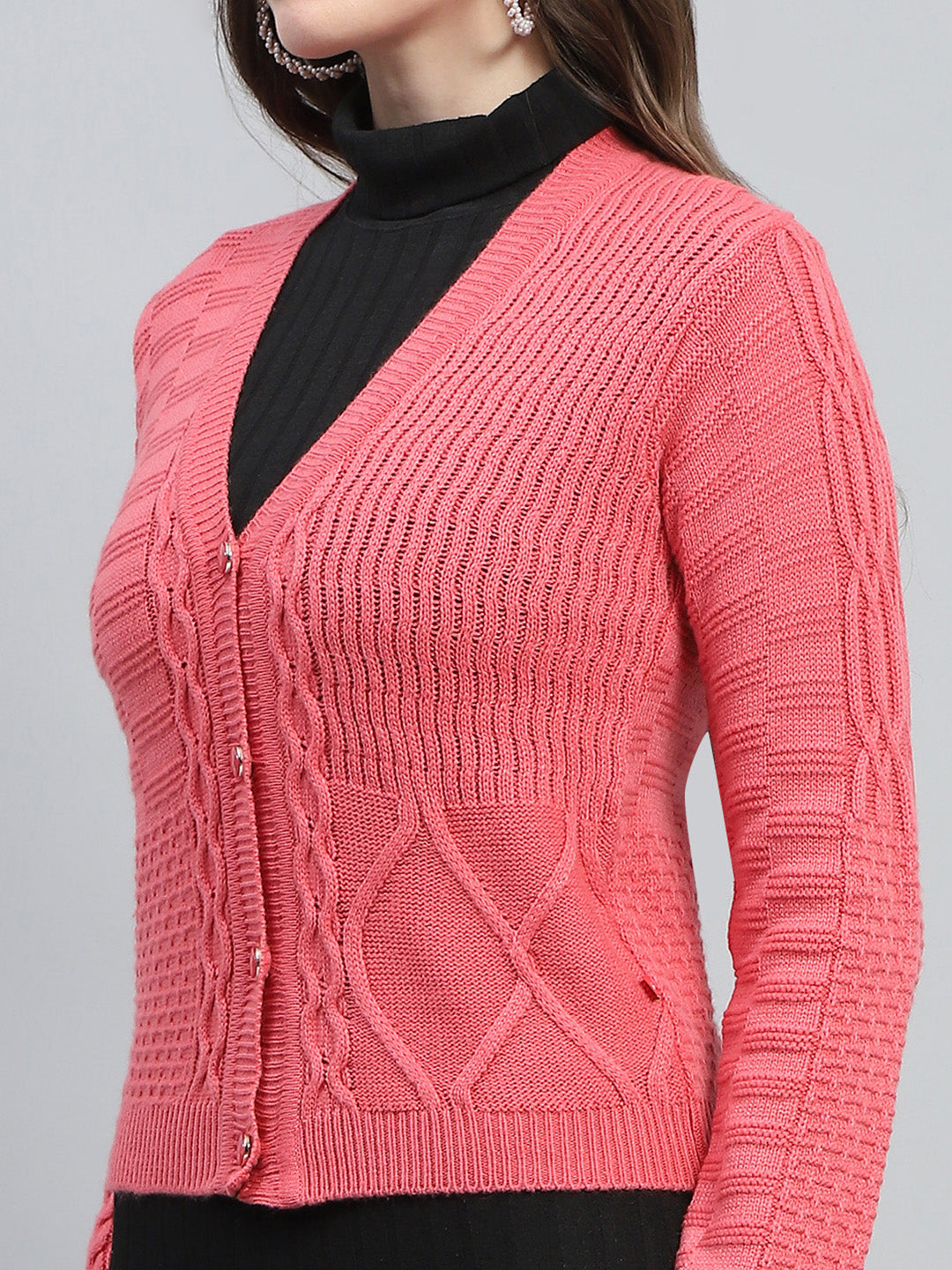Women Pink Self Design V Neck Full Sleeve Cardigan