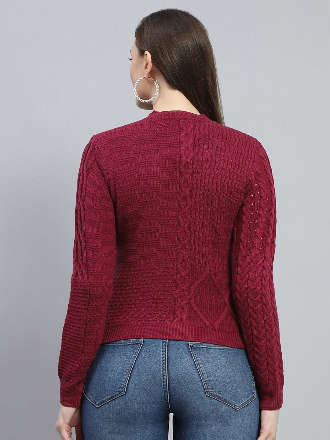 Women Maroon Self Design V Neck Full Sleeve Cardigan