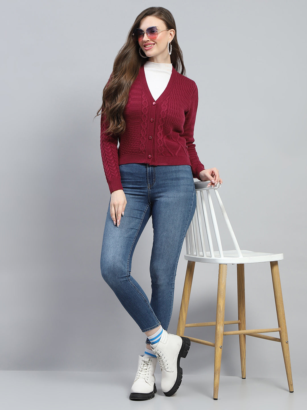 Women Maroon Self Design V Neck Full Sleeve Cardigan