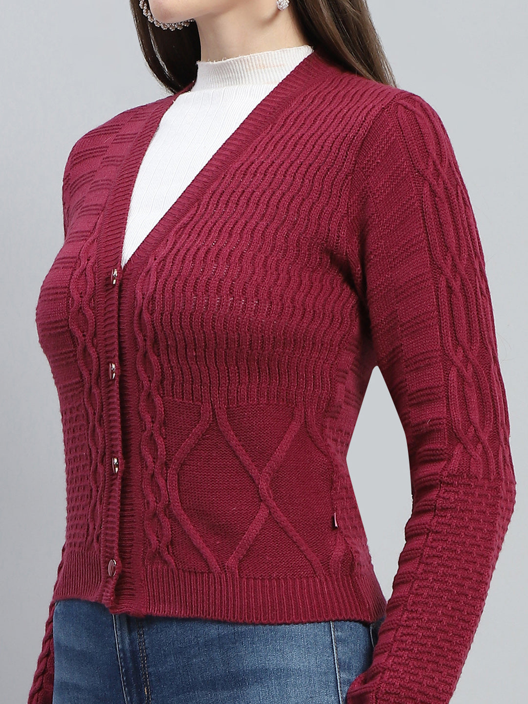 Women Maroon Self Design V Neck Full Sleeve Cardigan
