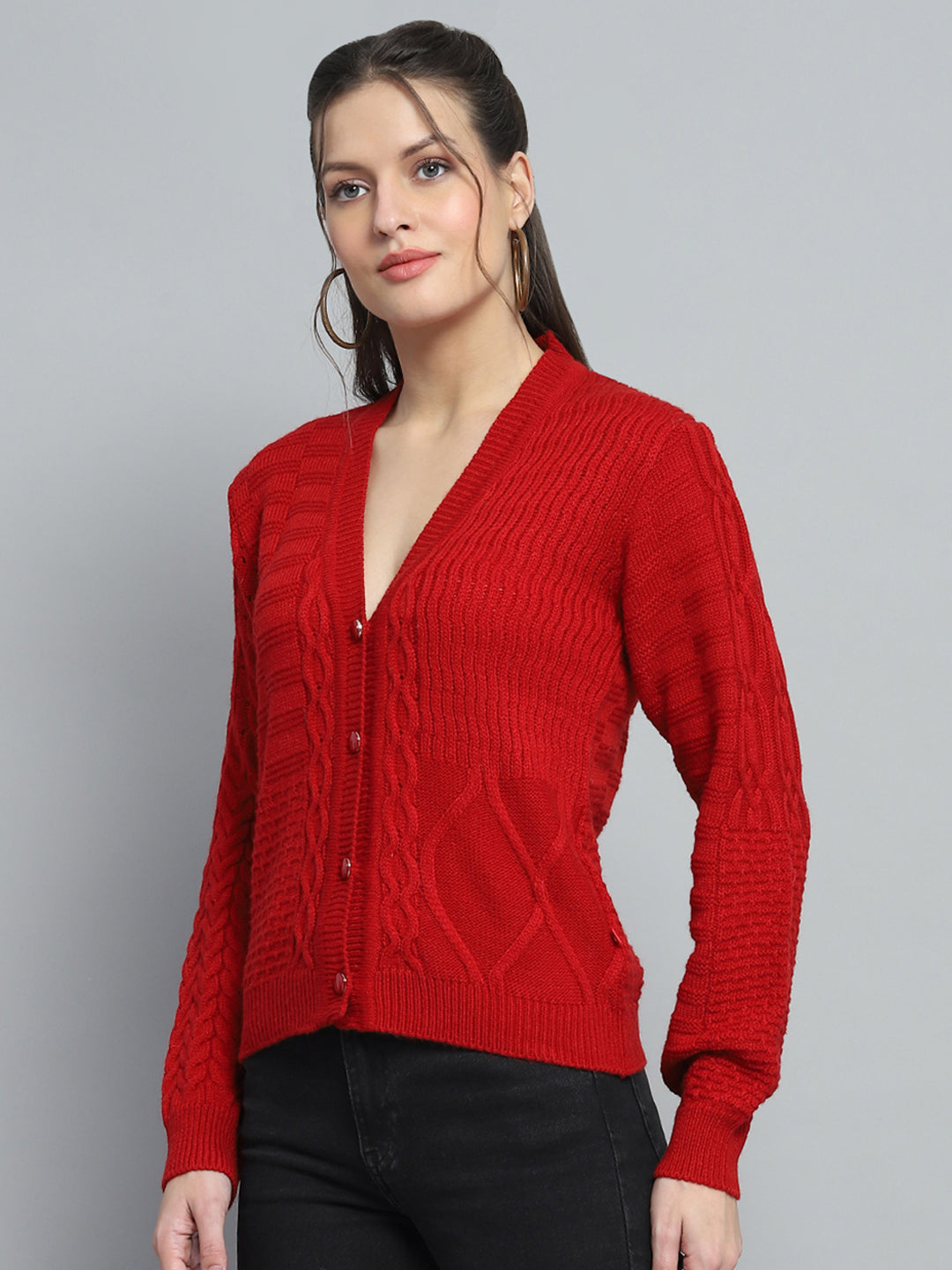 Women Red Self Design V Neck Full Sleeve Cardigan