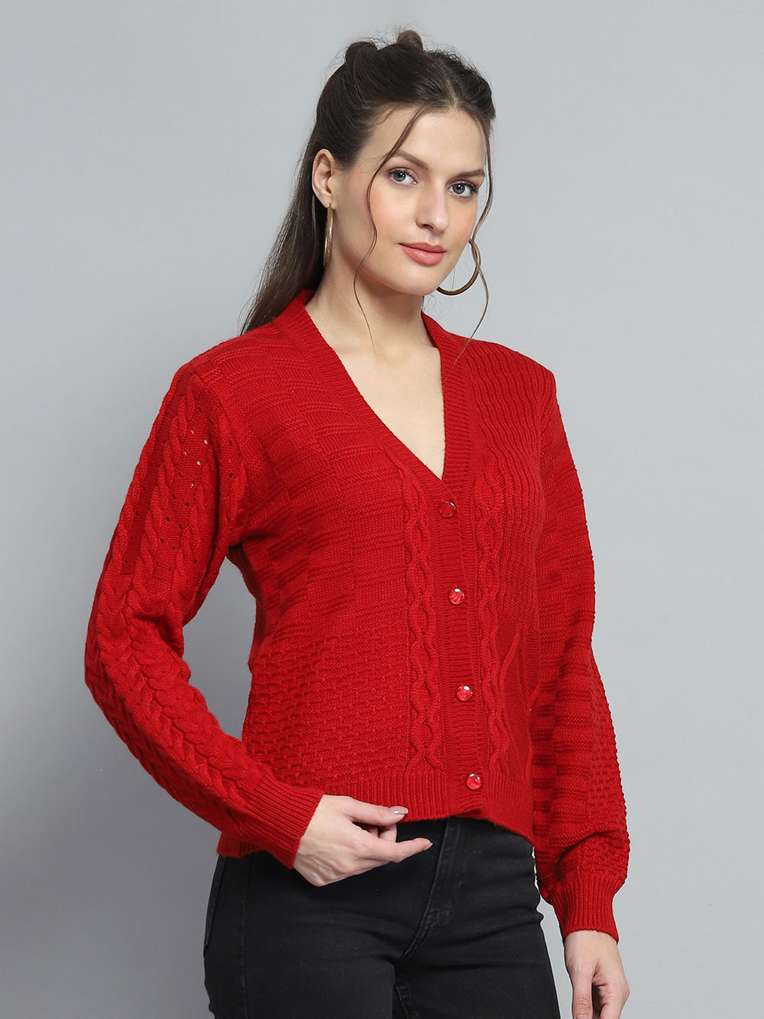 Women Red Self Design V Neck Full Sleeve Cardigan