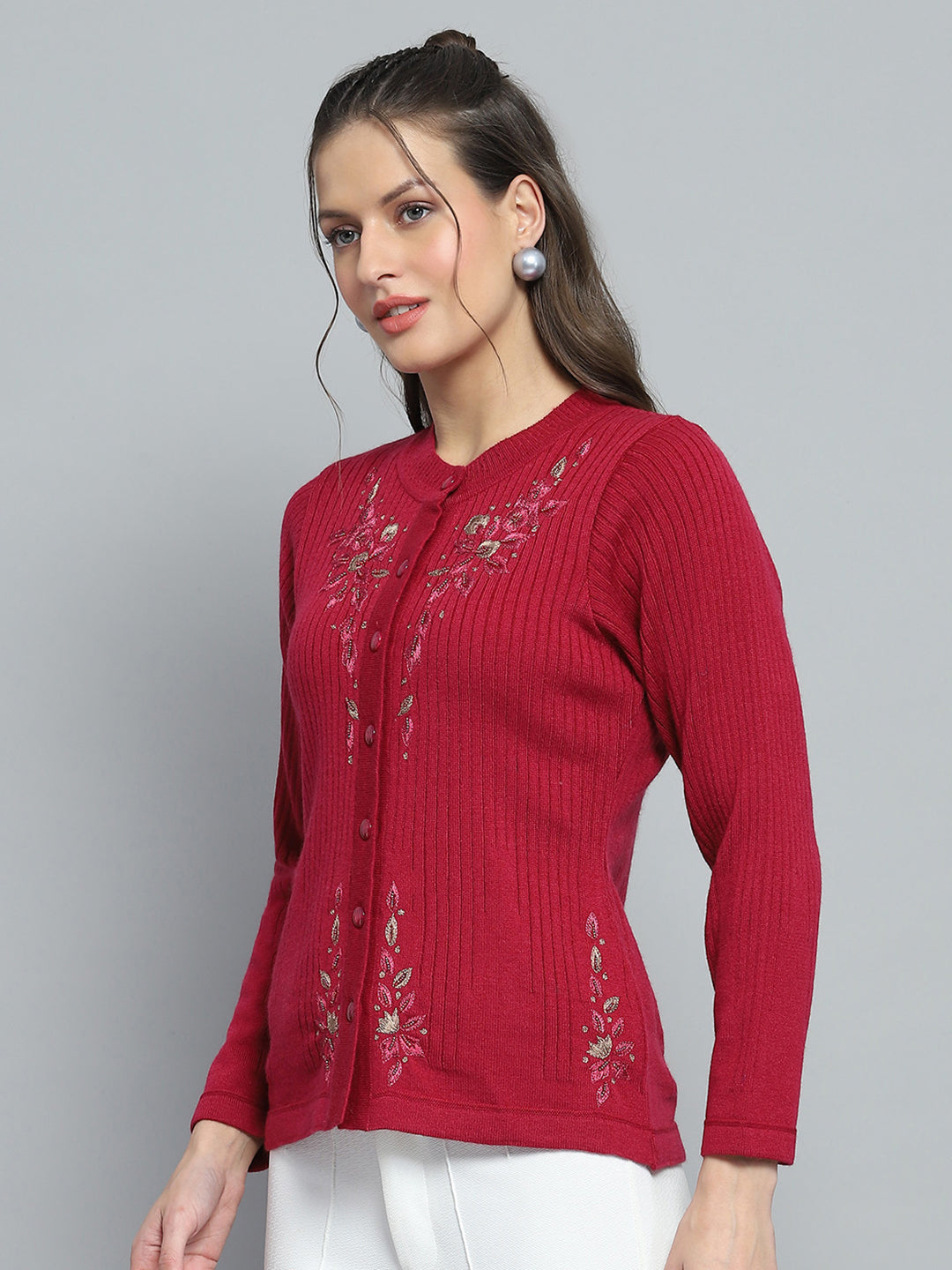 Women Maroon Self Design Round Neck Full Sleeve Cardigan