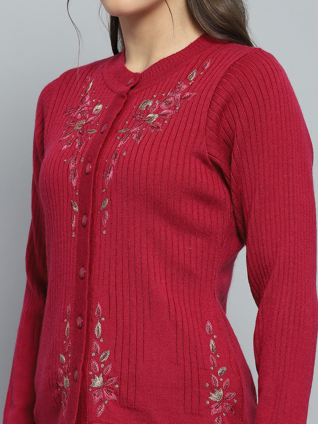 Women Maroon Self Design Round Neck Full Sleeve Cardigan
