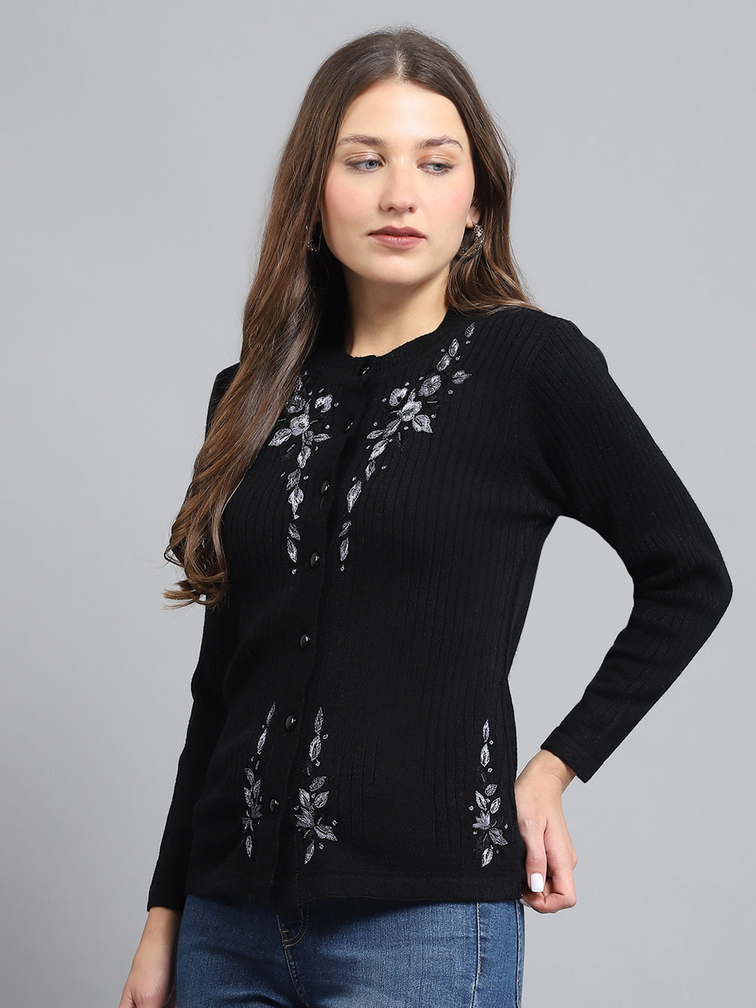 Women Black Self Design Round Neck Full Sleeve Cardigan