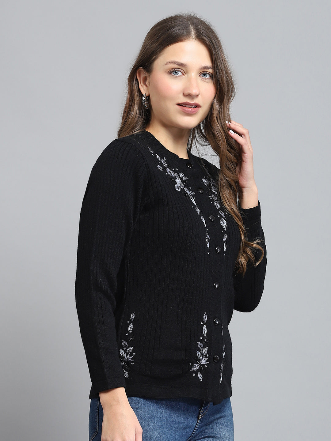 Women Black Self Design Round Neck Full Sleeve Cardigan