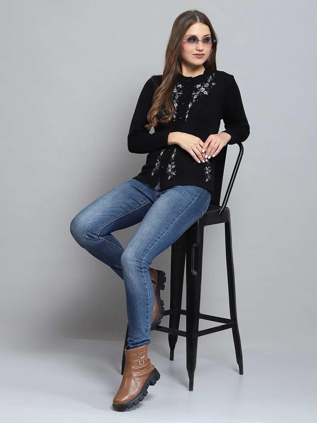 Women Black Self Design Round Neck Full Sleeve Cardigan