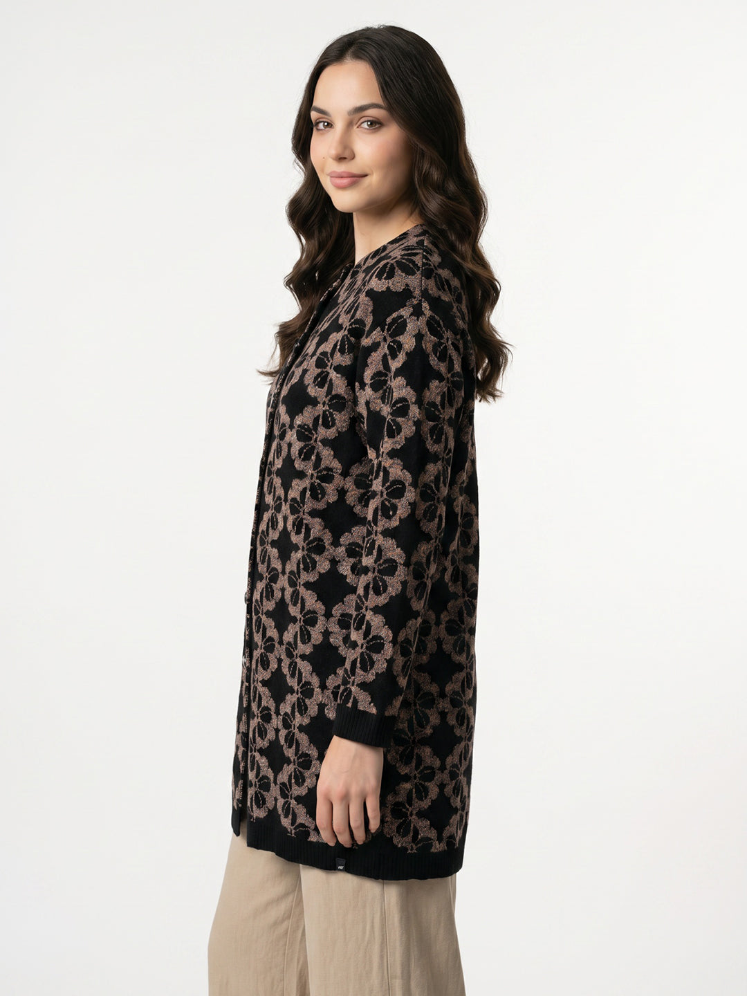 Women Black Designer Round Neck Full Sleeve Long Knitted Coat