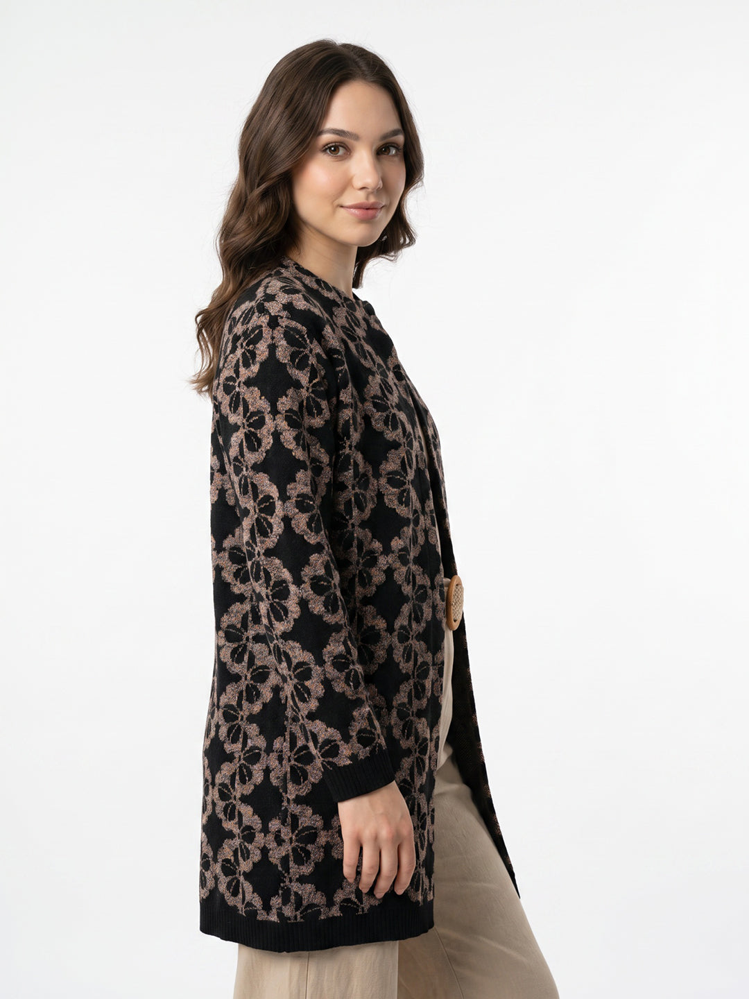 Women Black Designer Round Neck Full Sleeve Long Knitted Coat