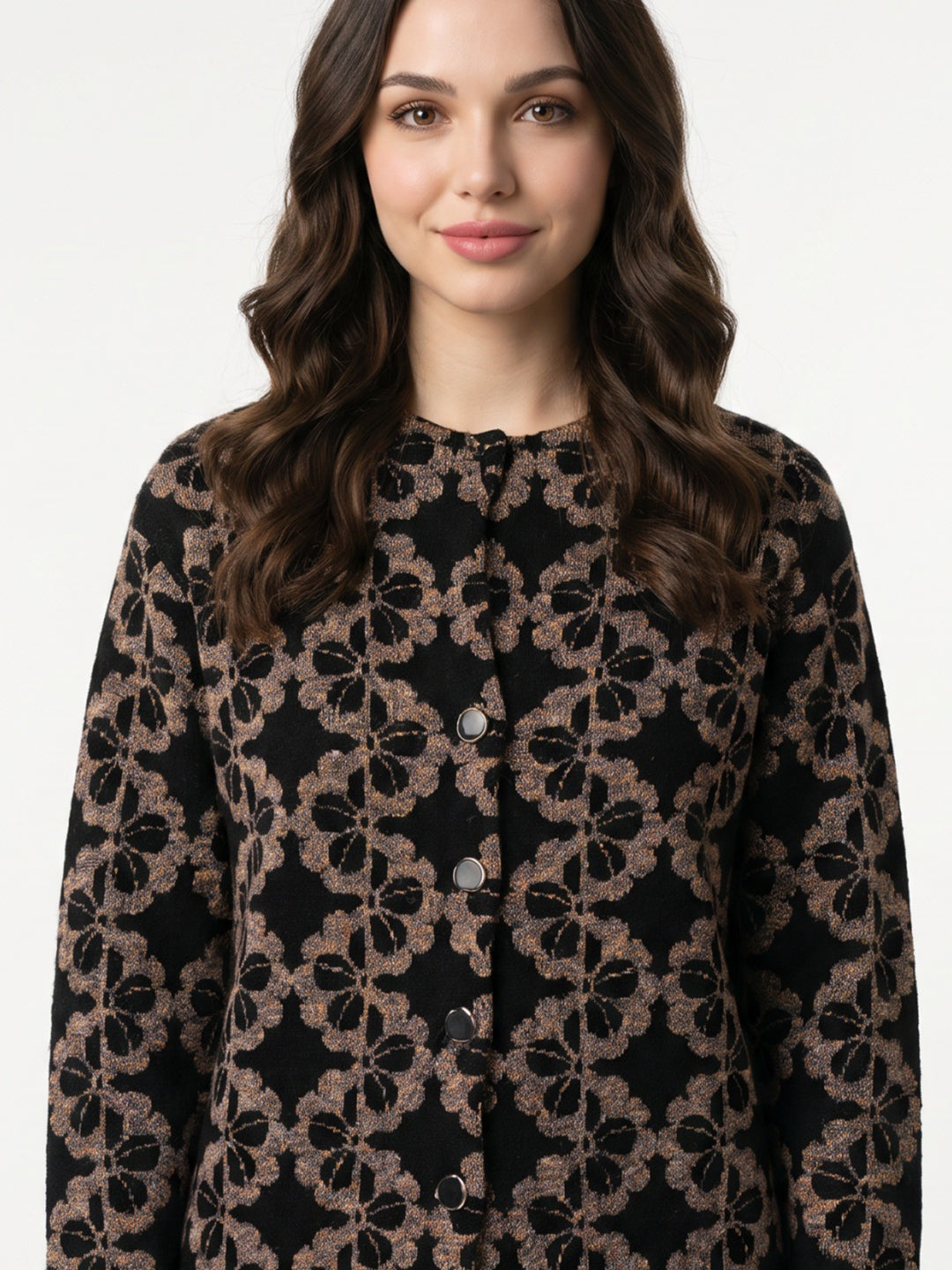 Women Black Designer Round Neck Full Sleeve Long Knitted Coat