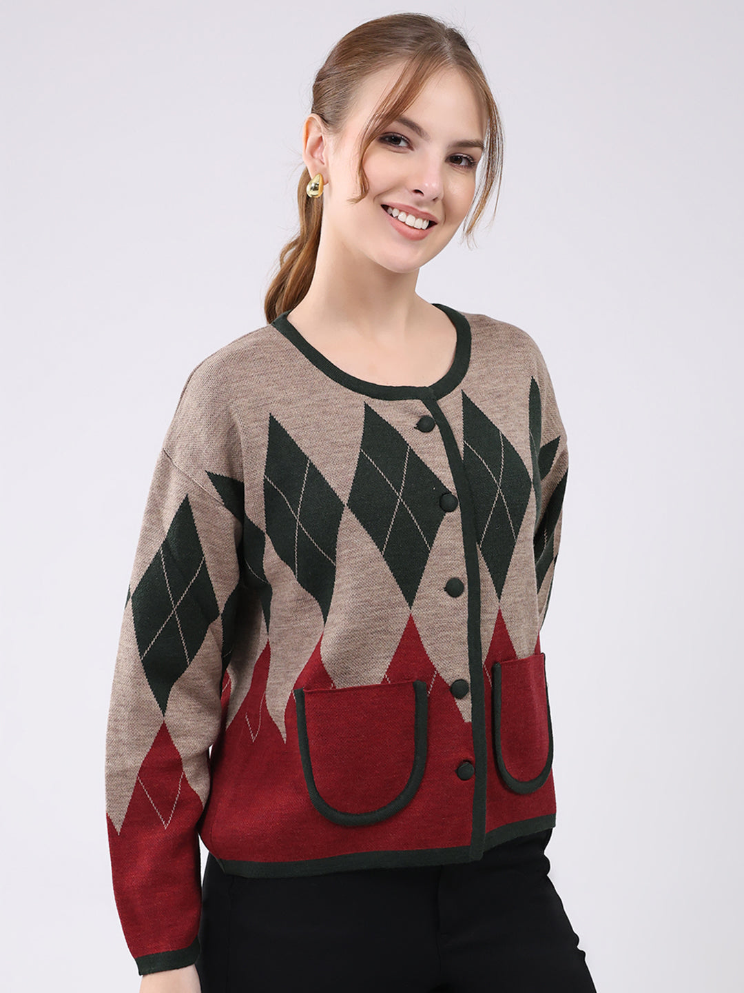 Women Multicolor Self Design Round Neck Full Sleeve Cardigan