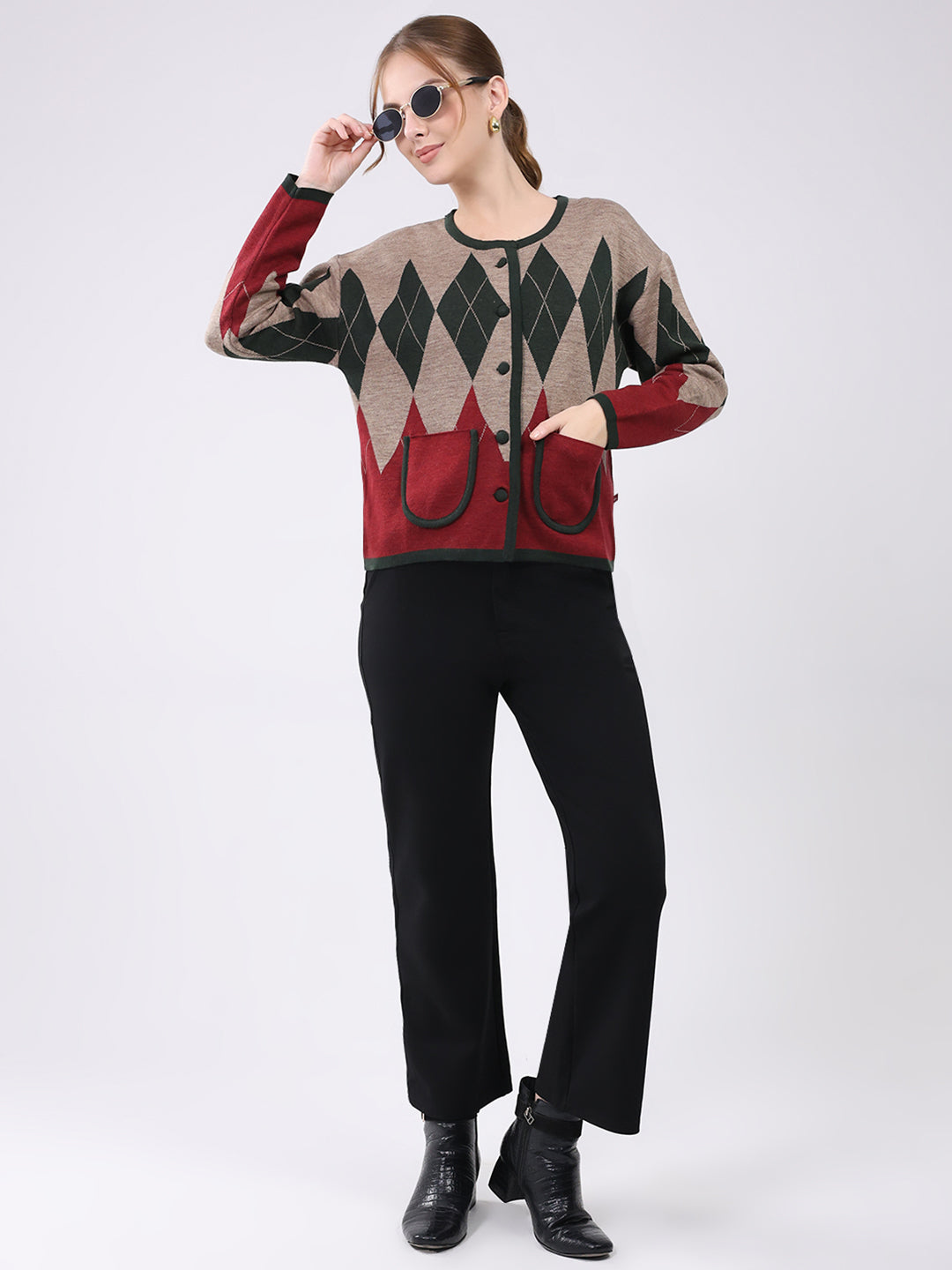 Women Multicolor Self Design Round Neck Full Sleeve Cardigan