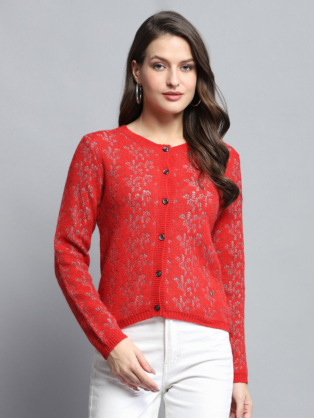 Women Red Self Design Round Neck Full Sleeve Cardigan