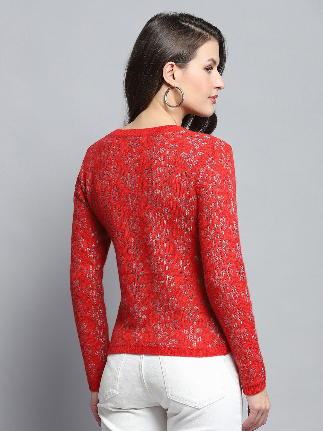 Women Red Self Design Round Neck Full Sleeve Cardigan