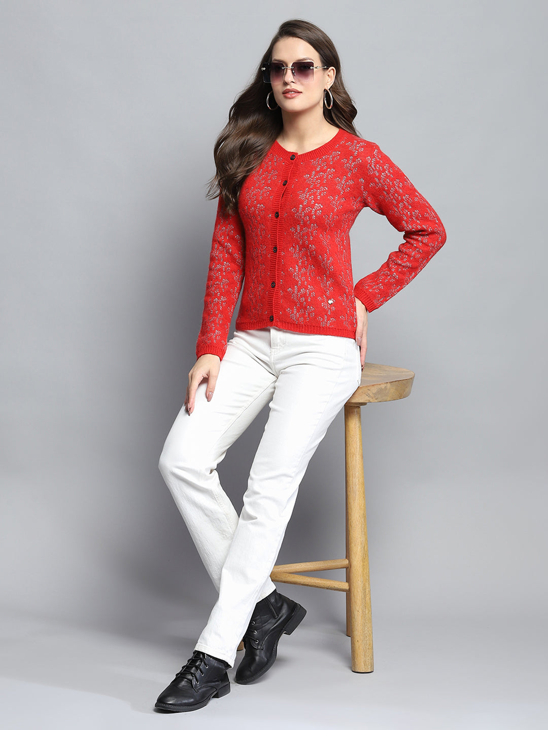 Women Red Self Design Round Neck Full Sleeve Cardigan