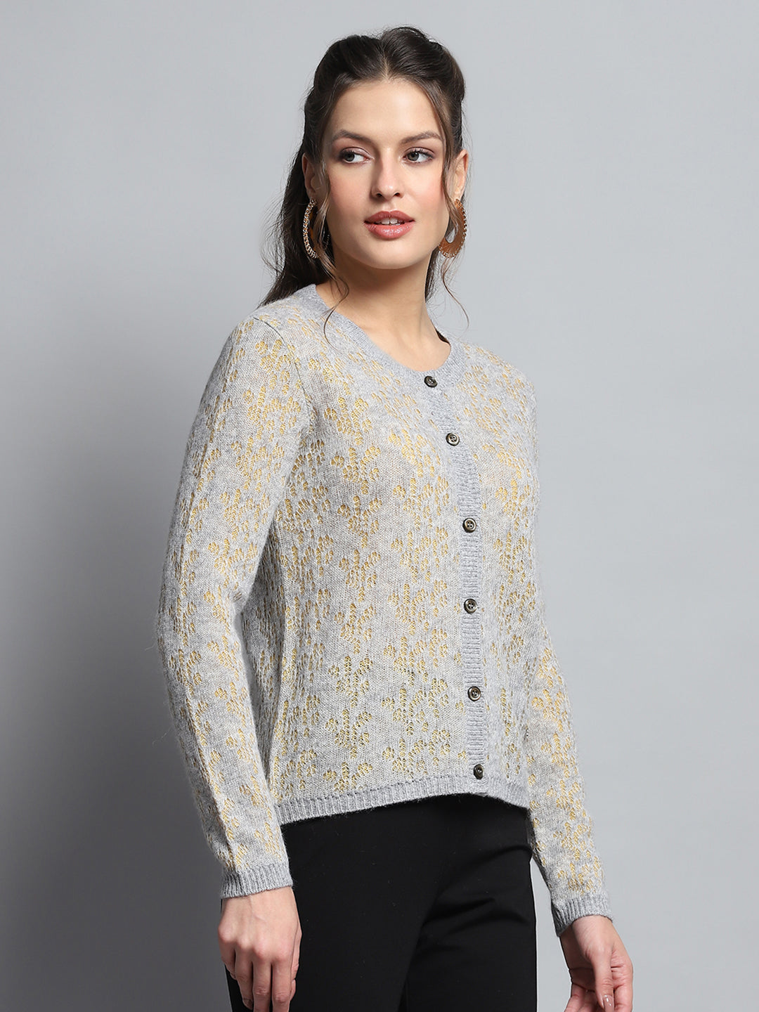 Women Grey Self Design Round Neck Full Sleeve Cardigan