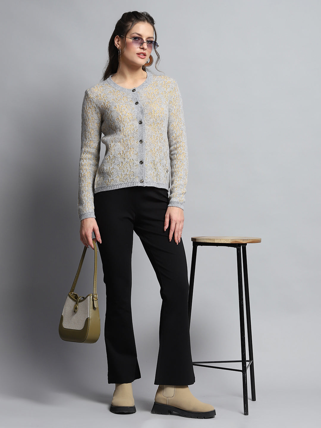 Women Grey Self Design Round Neck Full Sleeve Cardigan