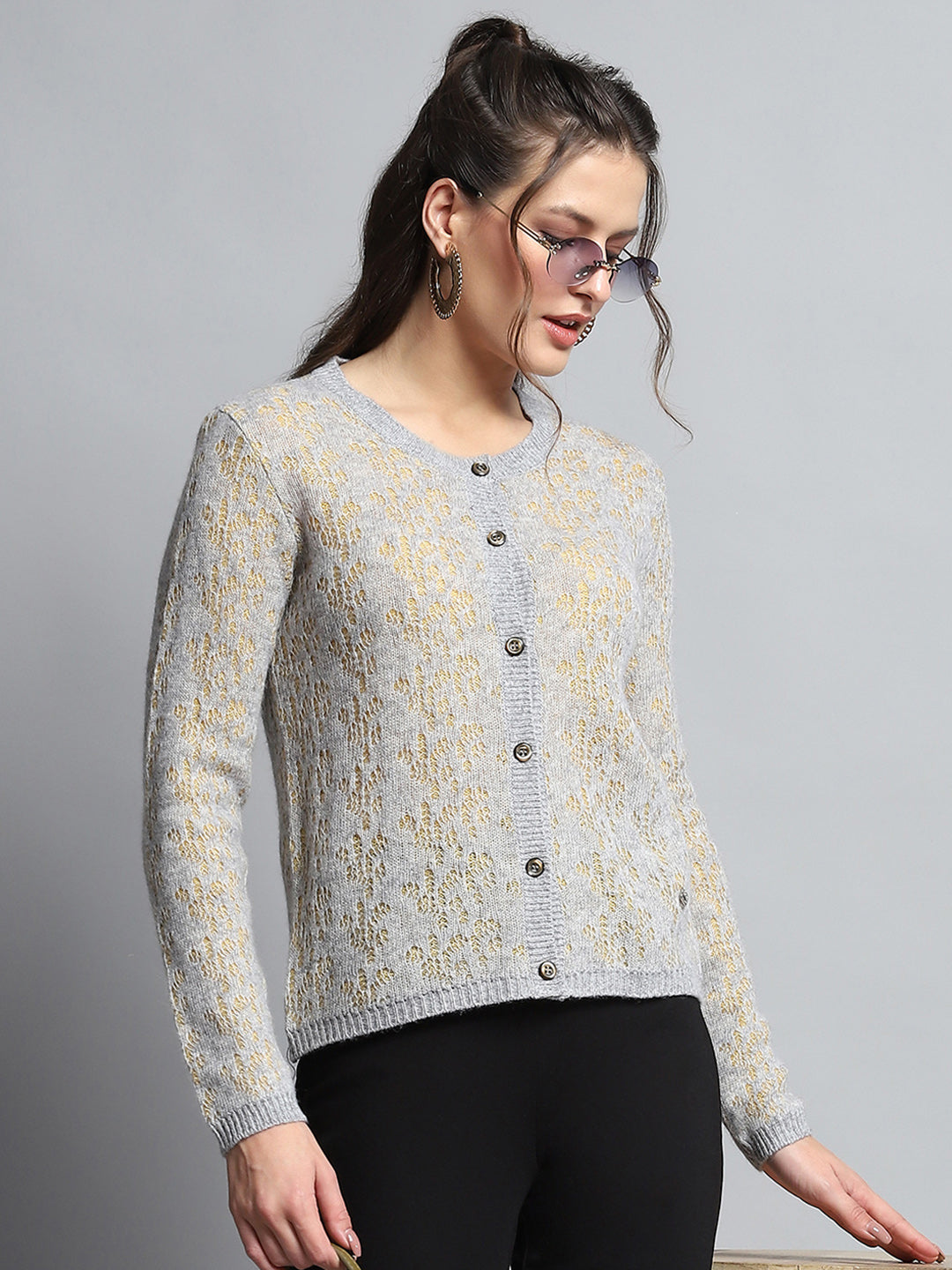 Women Grey Self Design Round Neck Full Sleeve Cardigan