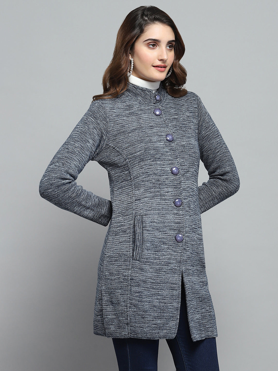 Women Grey Self Design Round Neck Full Sleeve Knitted Coat