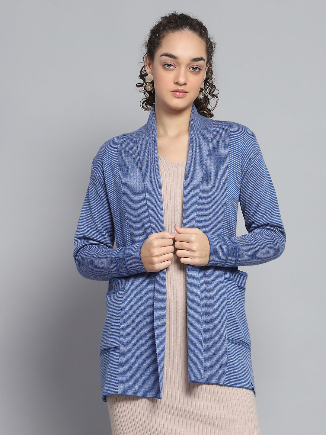 Women Blue Self Design Front Open Full Sleeve Cardigan