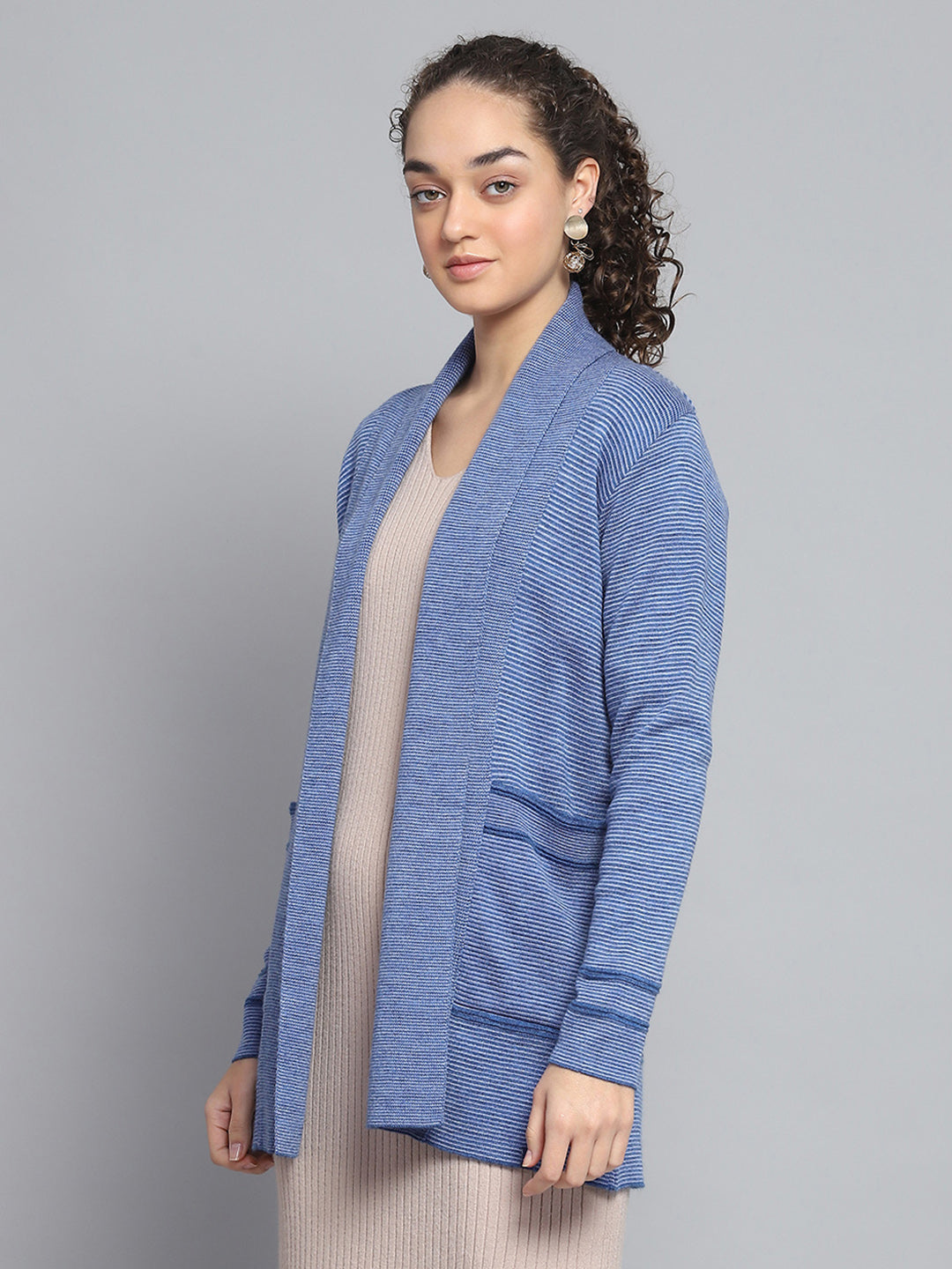 Women Blue Self Design Front Open Full Sleeve Cardigan