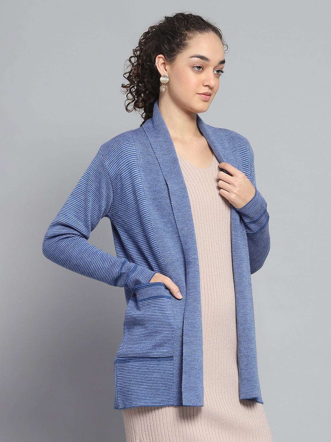 Women Blue Self Design Front Open Full Sleeve Cardigan