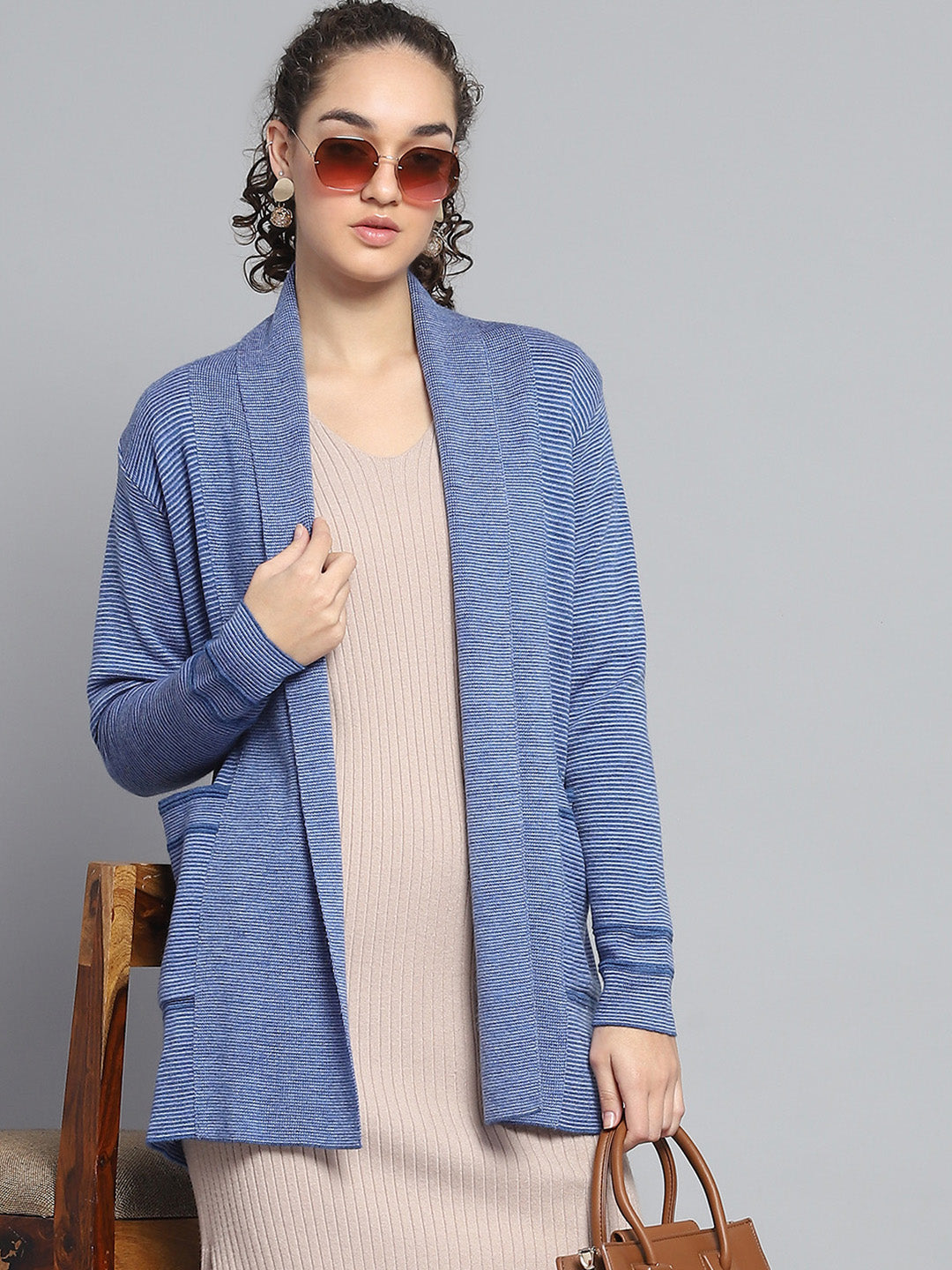 Women Blue Self Design Front Open Full Sleeve Cardigan