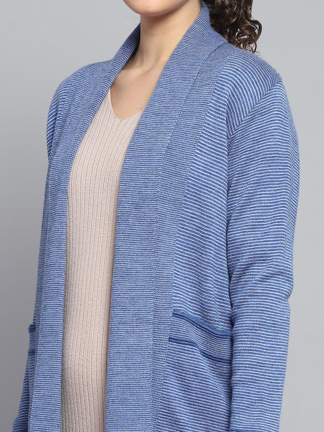 Women Blue Self Design Front Open Full Sleeve Cardigan